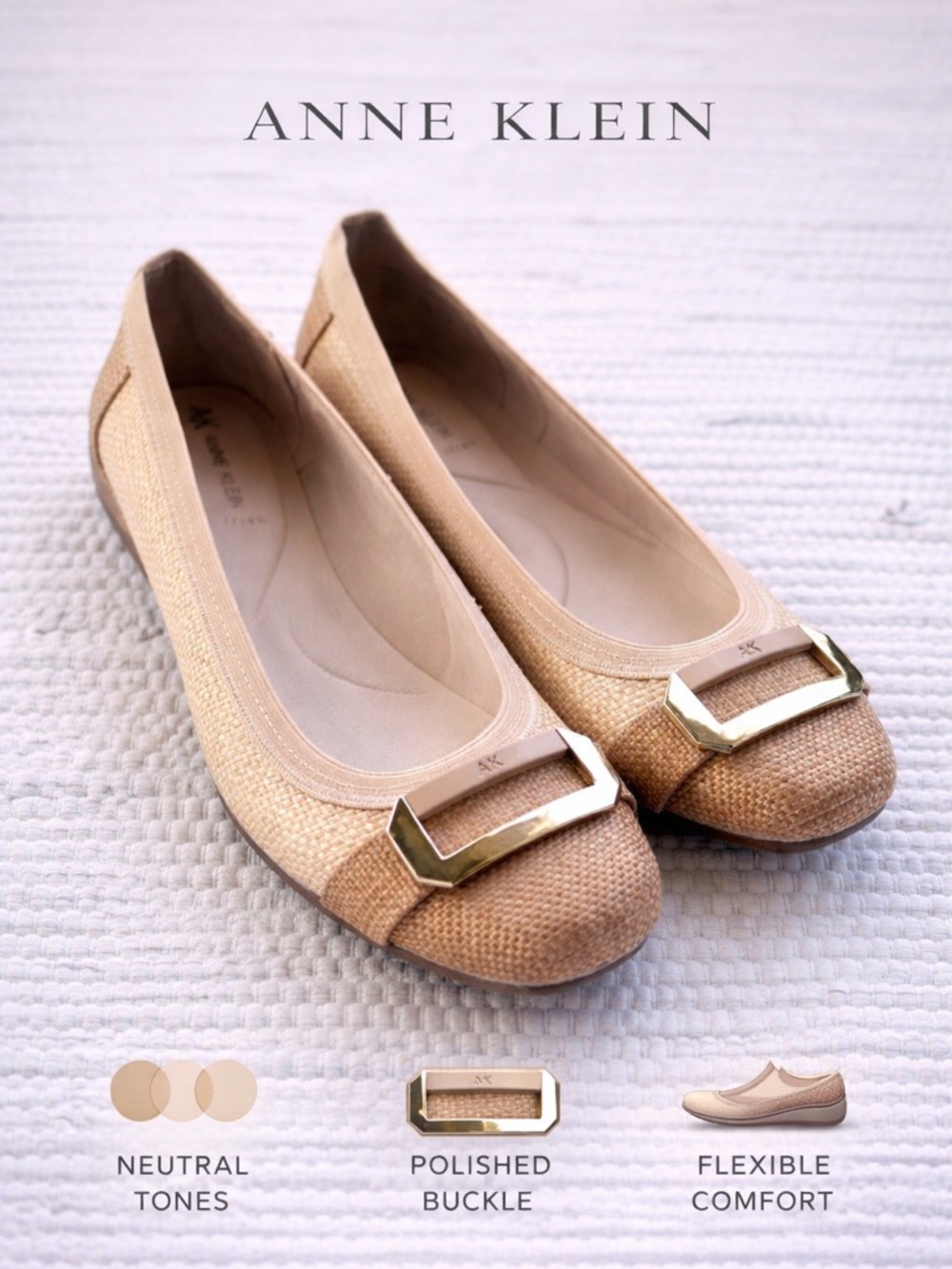 Anne Klein Flex Nude Woven Ballet Flats Buckle Comfort Shoes 9.5